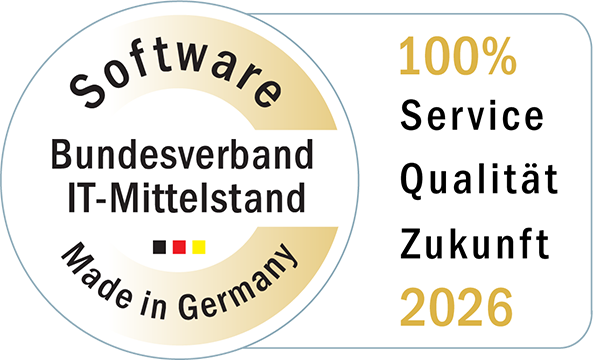 Das Logo 'Software Made in Germany' zeigt Farbakzente in Schwarz, Rot und Gold, die es offiziell wirken lassen.