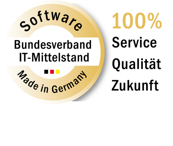 Das Logo 'Software Made in Germany' zeigt Farbakzente in Schwarz, Rot und Gold, die es offiziell wirken lassen.