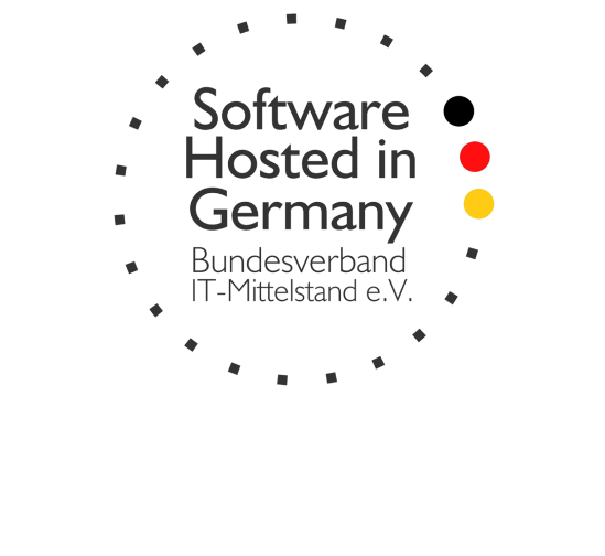Das Logo 'Hosted in Germany' zeigt Farbakzente in Schwarz, Rot und Gold, die es offiziell wirken lassen.