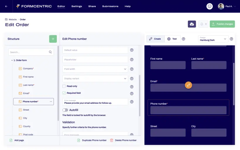 Form editor that shows the structure of a form and a preview view of how the form will look when finished.